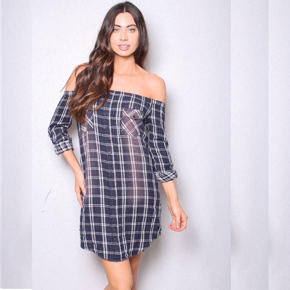 PAPER CRANE | Off The Shoulder Plaid Flannel Cotton Shirt Dress